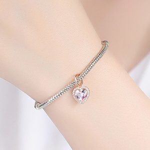 925 Sterling Silver European Rose Gold Double Heart Life Mom DIY Bead Bracelet